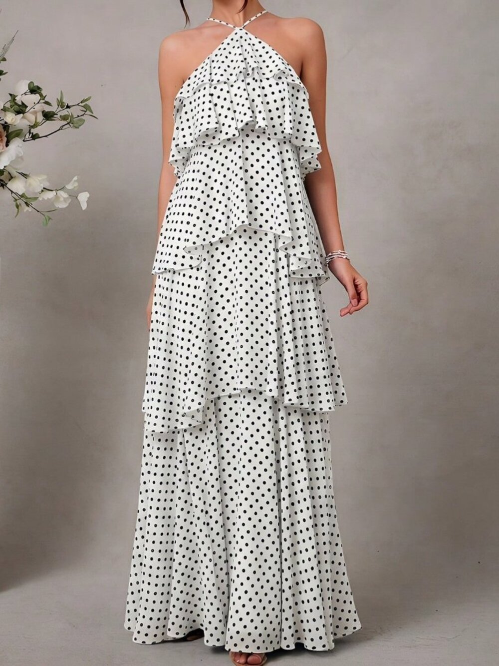 Black And White Sexy Women's Elegant Halter Tiered Chiffon Maxi Dress
